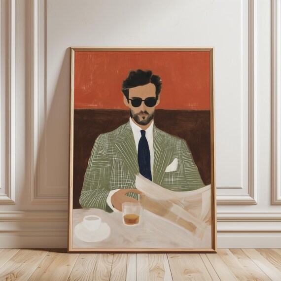 Stylish Man with Whisky and Newspaper, Mid-Century Modern Gouache Art (Digital Download) 503