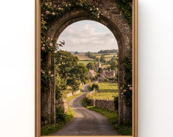 English Countryside Arch Print, Cotswolds Village Landscape, Rustic Country Wall Art