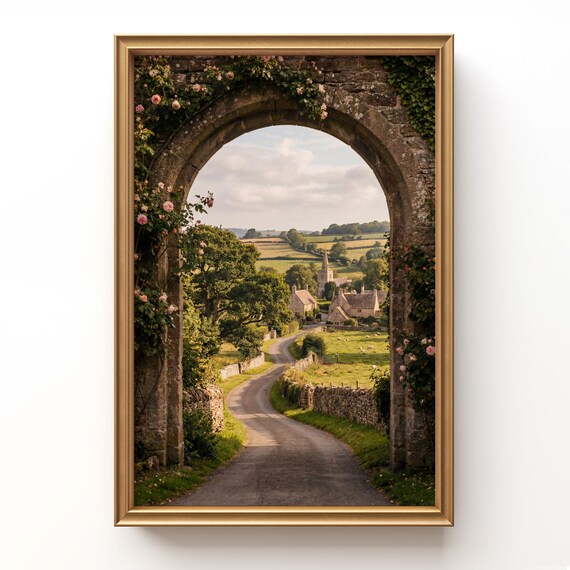 English Countryside Arch Print, Cotswolds Village Landscape, Rustic Country Wall Art