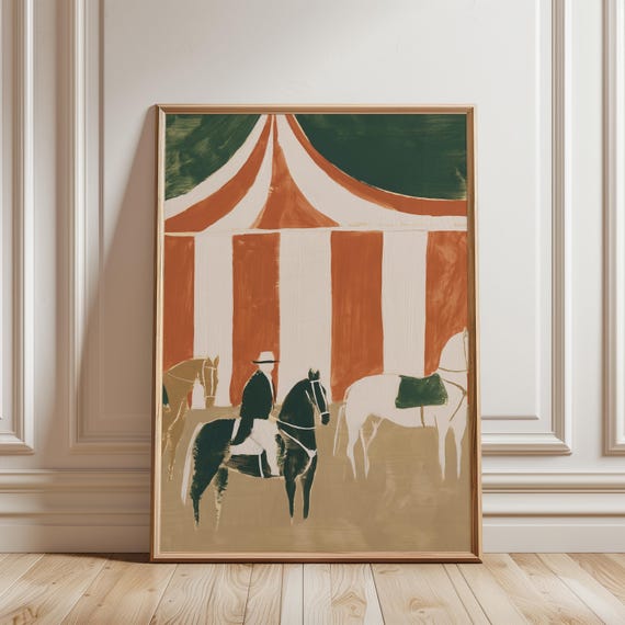 Vintage Circus Scene, Gouache Painting of Horses and Tent (Digital Download) 445