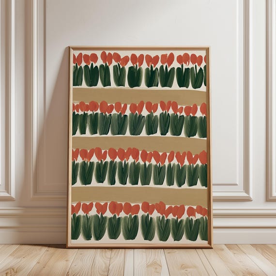 Coral Red Tulip Fields Print, Modern Folk Floral Pattern Wall Art (Digital Download) 462
