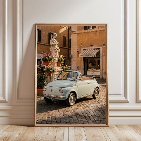 Vintage Fiat 500 Art Print, Romantic Summer Streetscape (Digital Download) 733