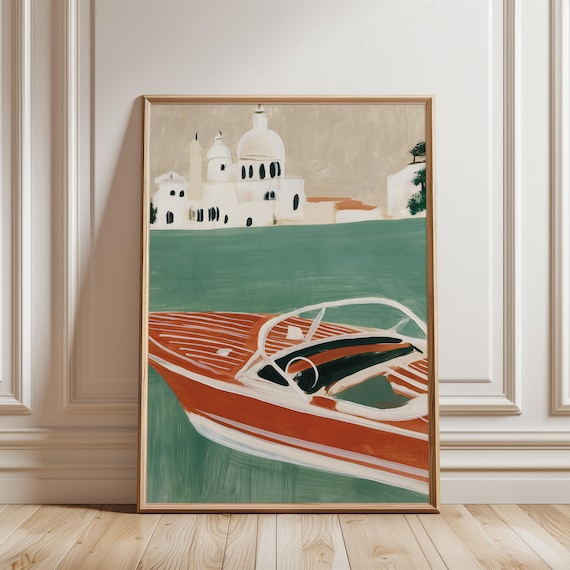 Mid-Century Riva Boat Painting, Italian Coastal Decor Art (Digital Download) 452