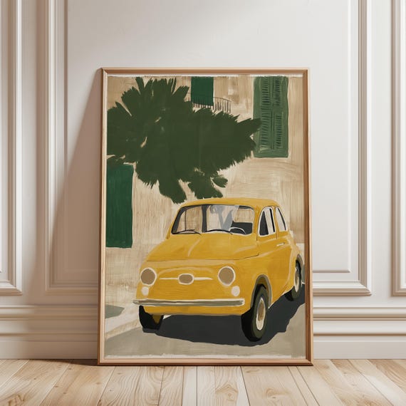Classic Yellow Fiat 500 Gouache Painting, Retro Italian Street Art (Digital Download) 251