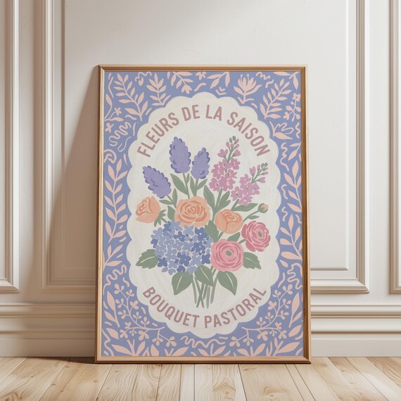 French Floral Poster Print, Vintage Bouquet Wall Art Print, Cottage Farmhouse Botanical Decor, Pastel Blue Pink Flower (Digital Download)