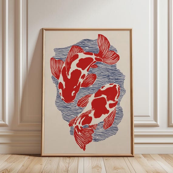 Koi Fish Wall Art Print, Japandi Red Blue Minimalist Poster, Asian Art Decor, Nautical Home (Digital Download)
