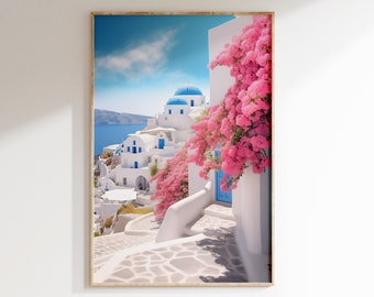 Santorini Print, Pink Bougainvillea, Greek Island Art (Digital Download)