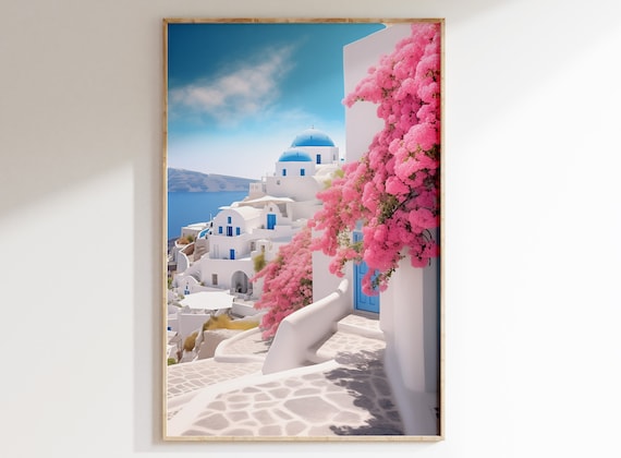 Santorini Print, Pink Bougainvillea Wall Art, Mediterranean Home Decor, Printable Digital Art, Greek Island Elegance.