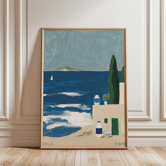 Mediterranean Coastal View, Vintage Gouache Seaside Poster Art (Digital Download) 536