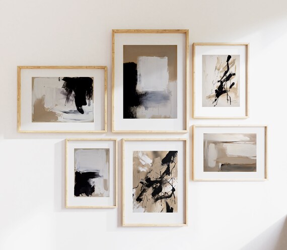 Beige Black Abstract Art Prints, Modern Gallery Wall Set (Digital Download)