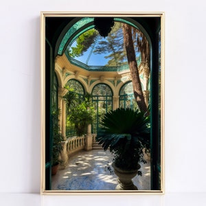 Peinture à l&#39;huile victorienne d&#39;un manoir Belle Epoque sur la Côte d&#39;Azur, art imprimable, peinture à l&#39;huile botanique, antiquité, architecture victorienne.