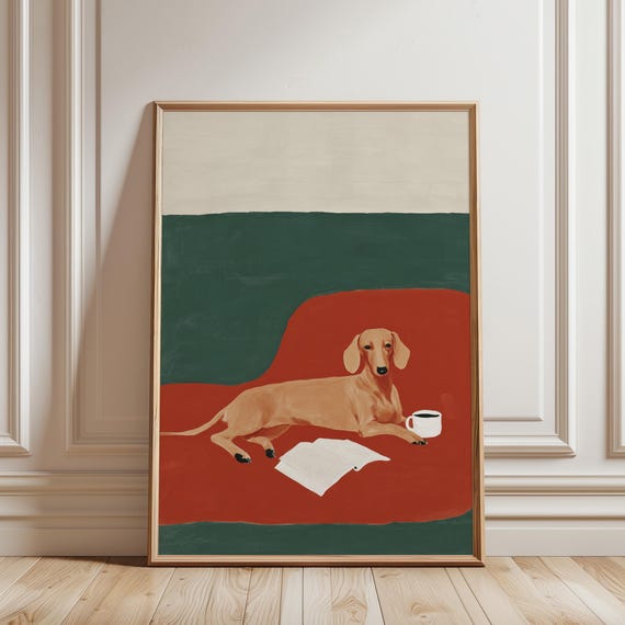 Dachshund Reading with Coffee Wall Art Print, Dog Lover Gift, Cozy Book Nook Decor, Printable Wall Art for Home Office (Digital Download)