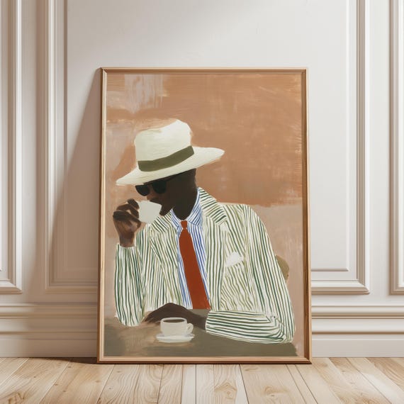 Stylish Man with Straw Hat and coffee cup, Retro-Modern Gouache Painting (Digital Download) 298