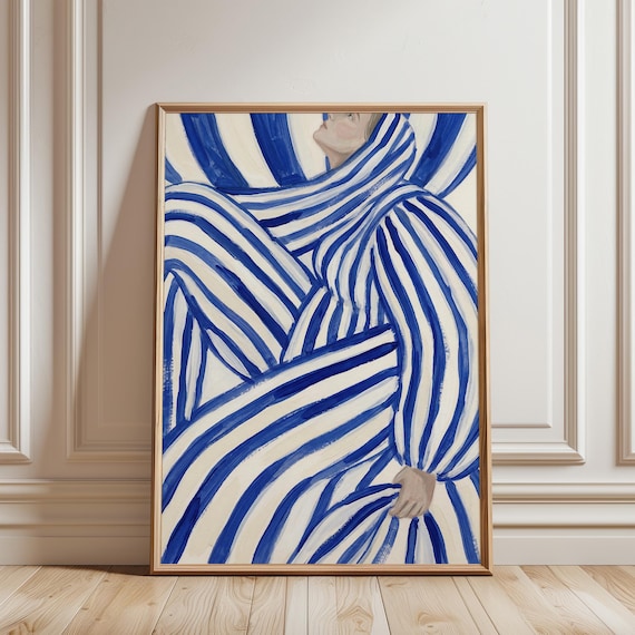 Blue Stripe Woman Wall Art Print, Abstract Figurative Painting, Modern Minimal Decor (Digital Download)