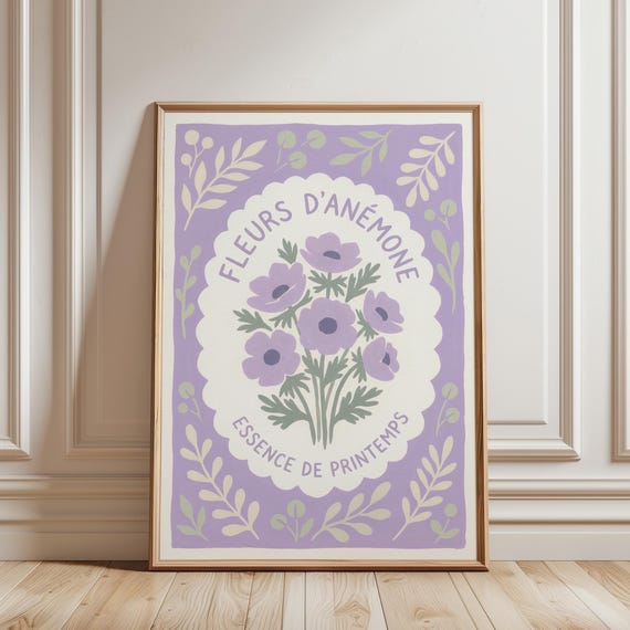 French Anemone Flower Print, Vintage Botanical Wall Art, Lavender Purple Floral Printable, Farmhouse Cottage Decor (Digital Download)