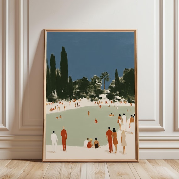 Mediterranean Beach Scene Print, Coastal Mid Century Modern Illustration (Digital Download)