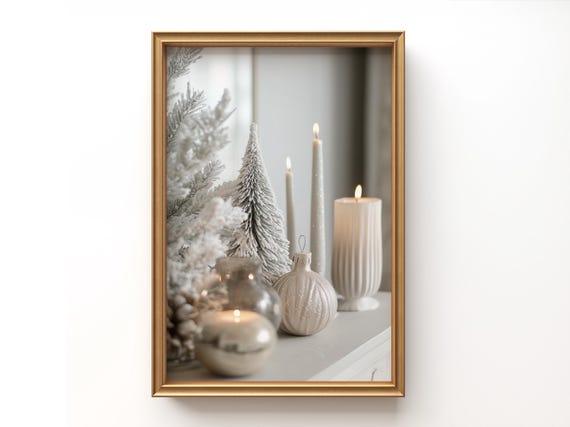 Scandinavian Christmas Mantel Wall Art | Holiday Printable Decor | Frosted Tree and Candle Digital Download | Minimalist Festive Artwork