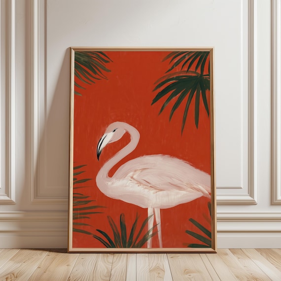 Tropical Flamingo Gouache Painting, Bold Retro Summer Decor Art (Digital Download) 711