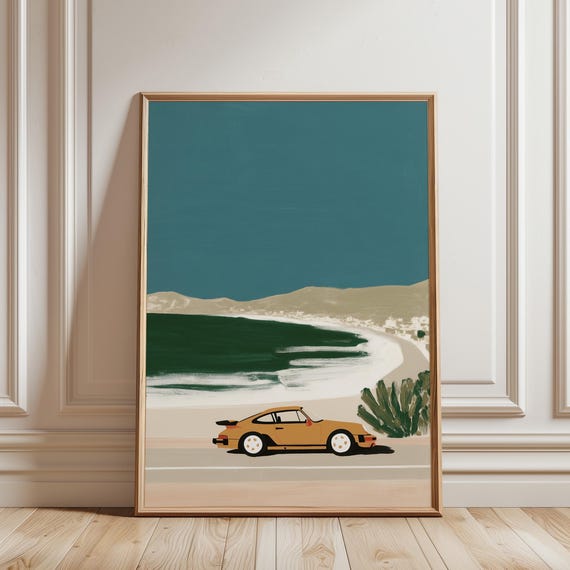 Vintage Porsche Beach Wall Art Print, Classic Car Coastal Landscape, Retro Sports Car Printable, Mid Century Modern Decor (Instant Download)