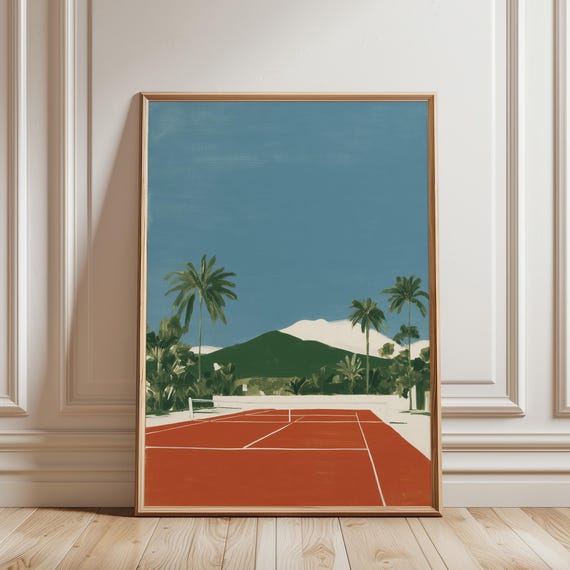 Tennis Court Print, Palm Trees, Coastal Tropical Landscape (Digital Download)