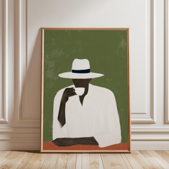 Afrocentric Coffee Painting – Olive Green Terracotta, Scandinavian Minimalist Wall Art (Digital Download)