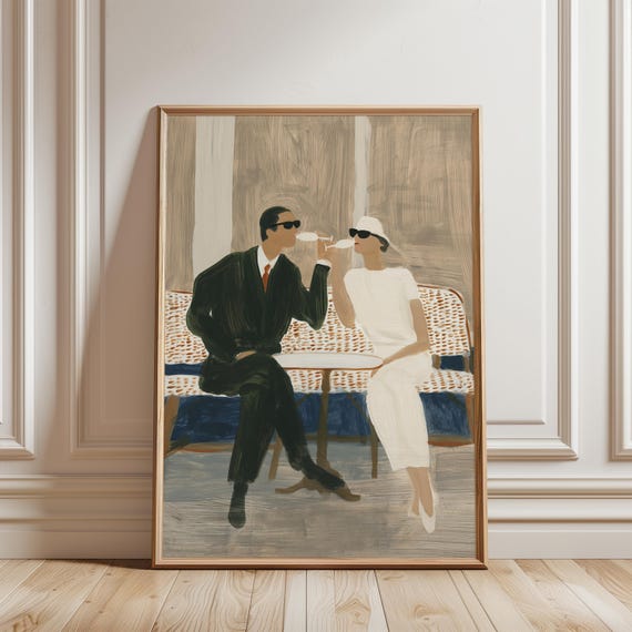 Parisian Café Couple Gouache Painting, Romantic Vintage Wall Art (Digital Download) 473