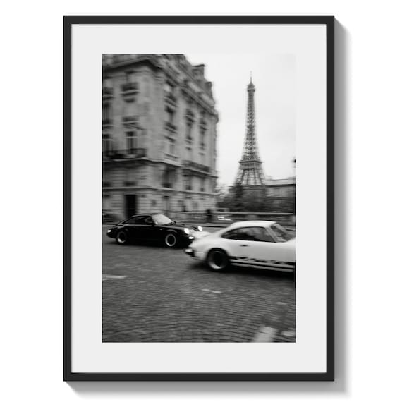 Porsche 911 Wall Art Print, Paris Eiffel Tower Photo, Black and White Car Poster (Digital Download)