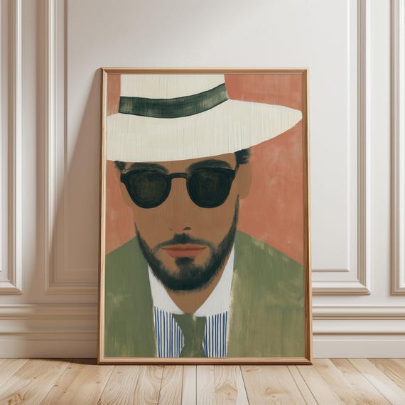 Mid-Century Modern Man Portrait in Olive Jacket and Wide-Brimmed Hat (Digital Download) 227