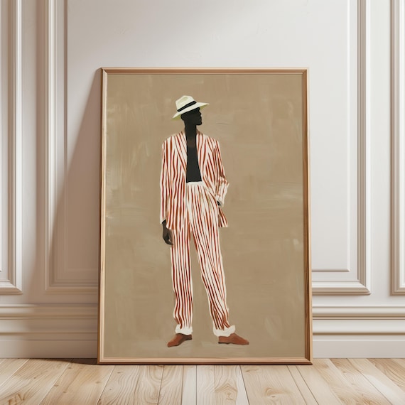 Stylish Black Man in Striped Suit, Chic Gouache Fashion Art (Digital Download) 498