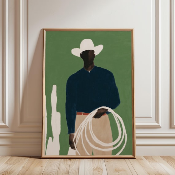 Afrocentric Cowboy Wall Art Print, Afrobohemian Style, Sage Green Western Decor (Digital Download)