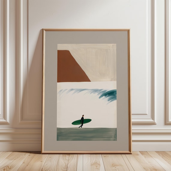 Surfer Poster Modern Gouache Painting, Minimalist Coastal Wall Art (Digital Download) 309