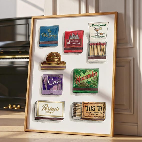 Matchbook art Large matches print colorful mid century style: matchbook illustration for printable wall art, retro bar, kitchen, or lounge