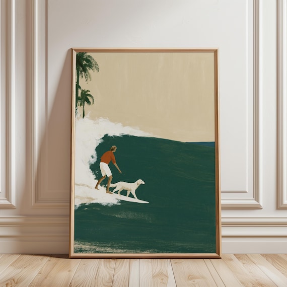 Surfer and Dog Riding Wave Retro Coastal Summer Decor Print (Digital Download) 722