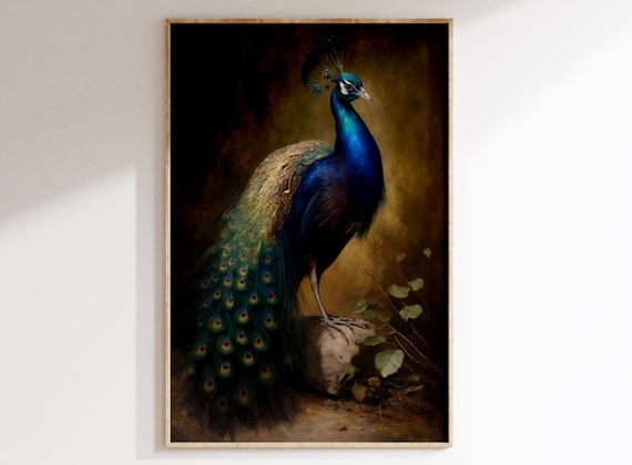 Peacock Painting | Antique Oil Painting |  Coastal Farmhouse  | Exotic Bird | PRINTABLE Digital Download | INSTANT download.