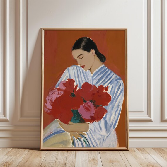Romantic Gouache Painting, Vintage Woman with Roses Illustration (Digital Download) 572