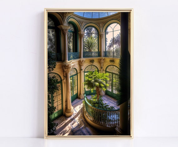 Vintage Victorian painting of a Manor, Printable Art, Botanical Oil Painting, Antique, Victorian Green house.
