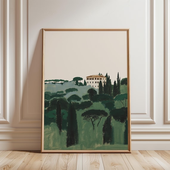 Roman Villa on Hill Painting, Vintage Mediterranean Landscape Art (Digital Download) 292