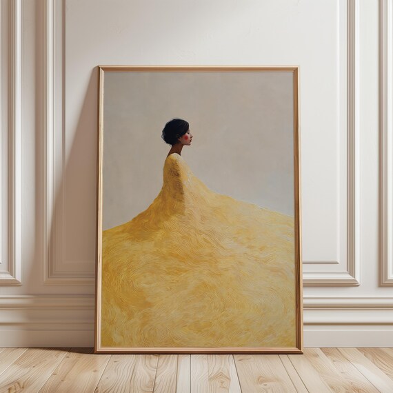Elegant Woman in Yellow Gown, Minimalist Abstract Summer Decor (Digital Download) 624