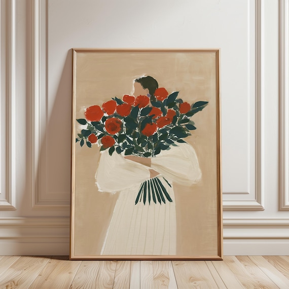 Woman Embracing Roses Gouache Art, Cottagecore Romantic Decor (Digital Download) 547
