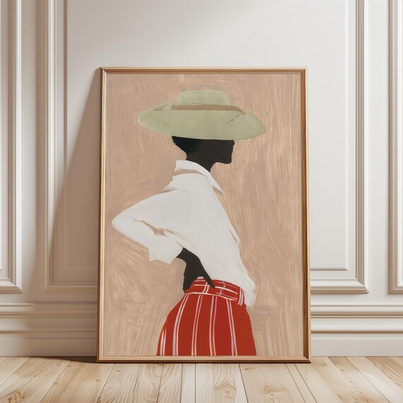 Chic Retro Fashion Illustration, Minimalist Gouache Painting of Stylish Black Woman (Digital Download) 483
