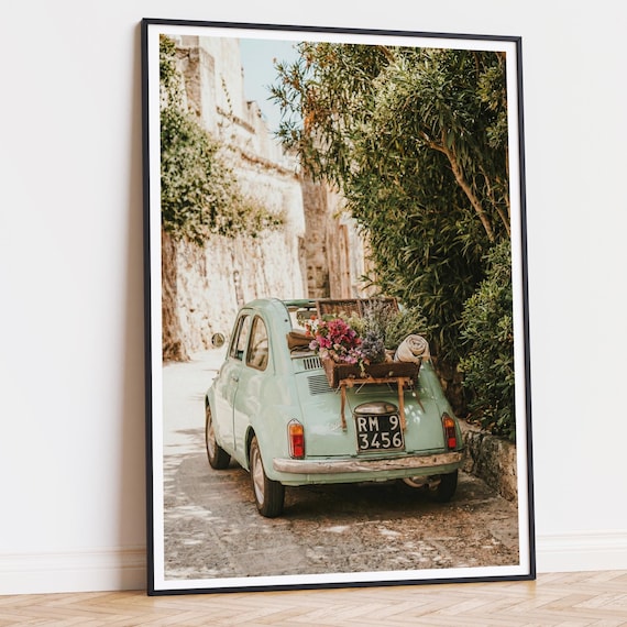 Italian Summer Wall Art Printable, Vintage Fiat 500 Poster, Mediterranean Floral Car Print, European Decor