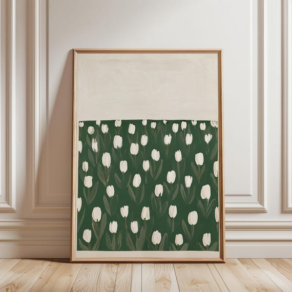 White Tulip Field Gouache Painting, Minimalist Botanical Wall Art (Digital Download) 278