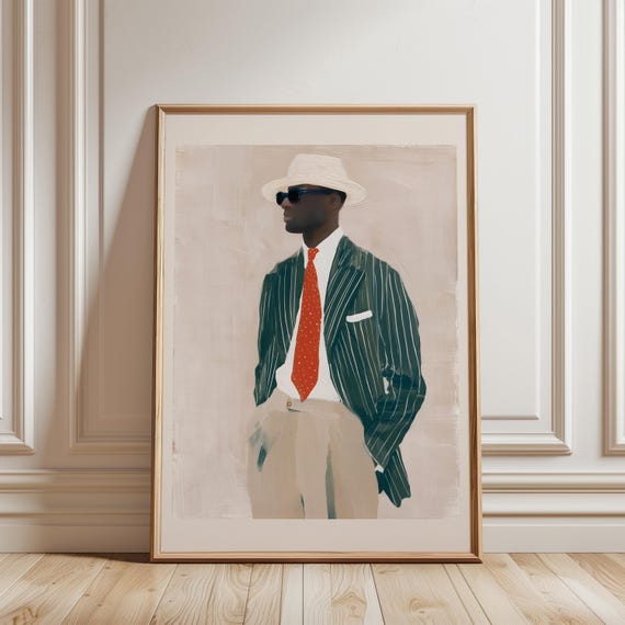 Dapper Gentleman in Green Pinstripe Blazer Wall Art Painting, sapeur congolais painting (Digital Download) 497