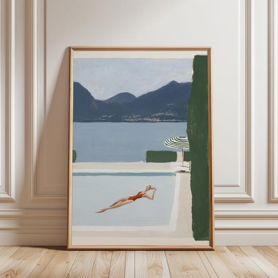 Serene Mid-Century Modern Poolside Painting, Summer Decor Art (Digital Download) 698