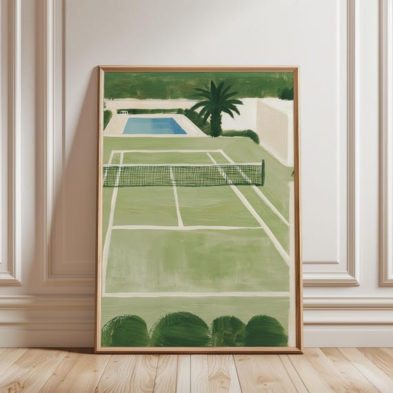 Mid-Century Modern Tennis Court and Pool Gouache Painting, Summer Decor (Digital Download) 703