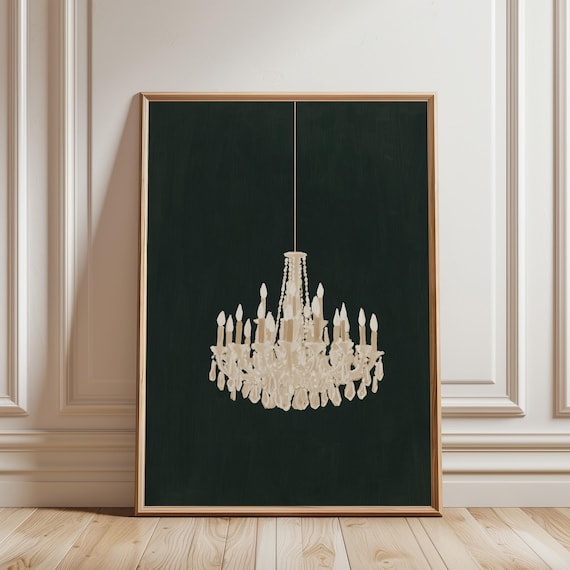 Crystal Chandelier Wall Art Print, Opera Aesthetic, Dark Green Decor (Digital Download)