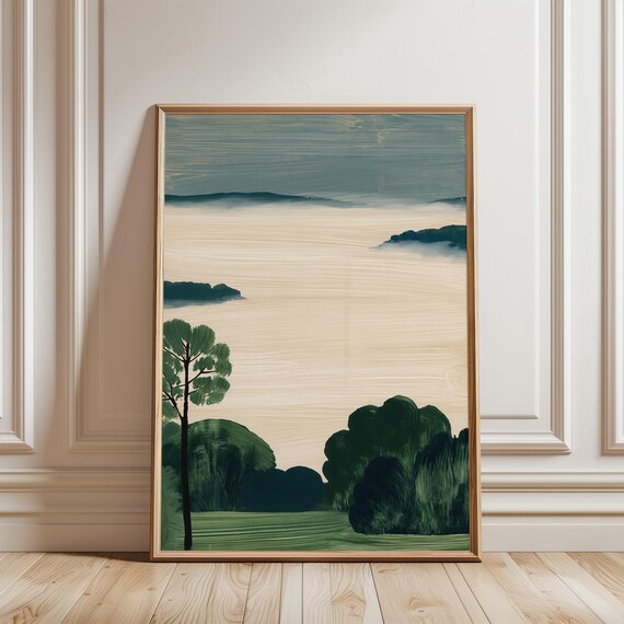 Mist-Filled Landscape Gouache Painting, Moody Nature Wall Art (Digital Download) 430