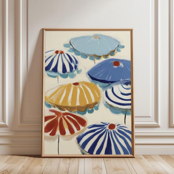 Coastal Beach Umbrella Wall Art Print, Riviera Striped Parasol, Nautical Summer Decor, Mediterranean Seaside Poster (Instant Download)