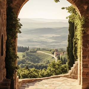 Tuscan arch print: brick Italian archway framing a countryside valley with stone path and olive trees in oil painting style.