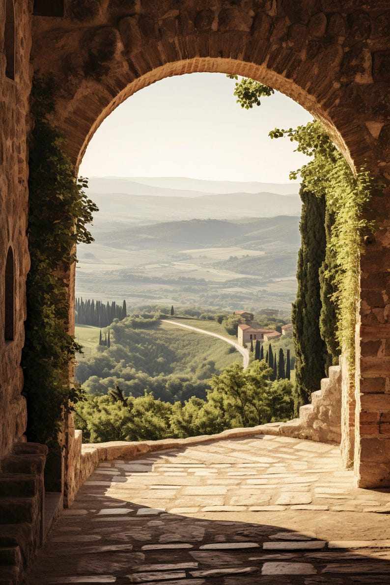 Tuscan arch print: brick Italian archway framing a countryside valley with stone path and olive trees in oil painting style.